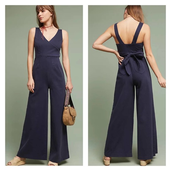 Anthropologie Pants - ANTHROPOLOGIE CHINO Jumpsuit Womens 2 Navy Blue Wrap Sleeveless Wide Leg Pockets